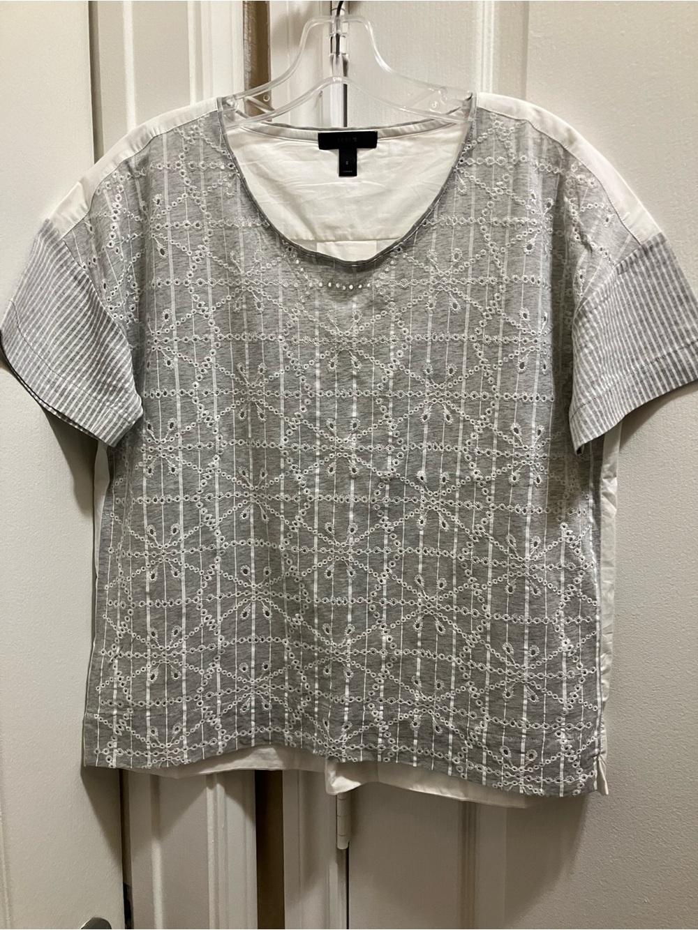 J Crew Women's Gray and White Short Sleeve Eyelet Top